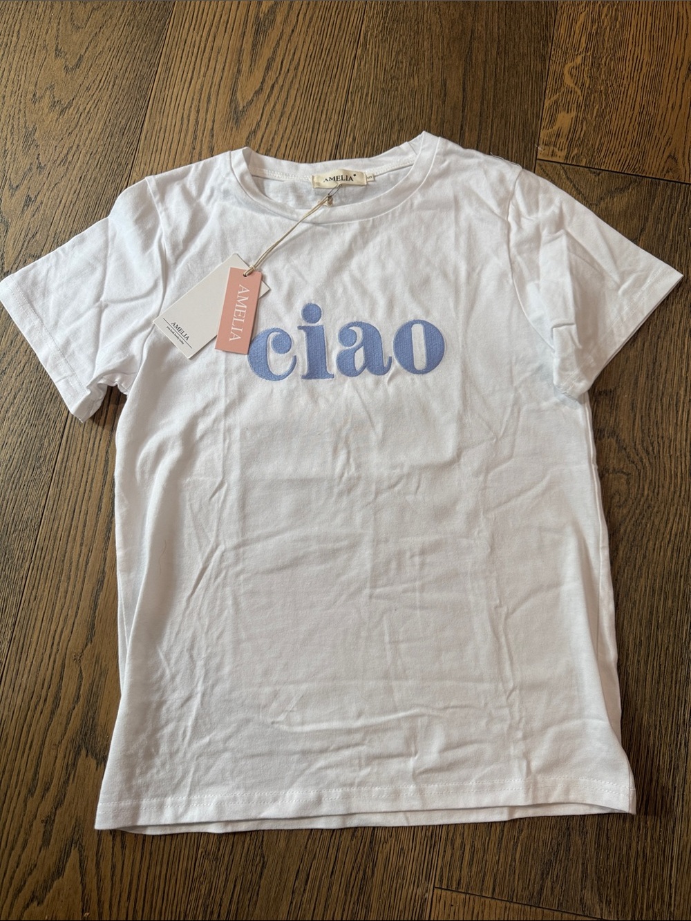 Ciao Graphic Tee in White with Light Blue Print NWT Small
